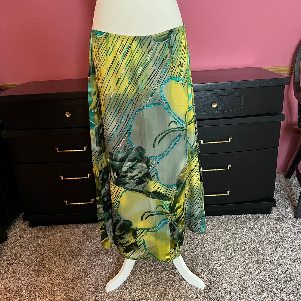 Mirasol Junior Green Floral Maxi Silk Skirt Size Medium